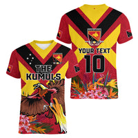 Custom Papua New Guinea Rugby Women V Neck T Shirt Bird of Paradise and Hibiscus Polynesian Pattern Red Color LT03