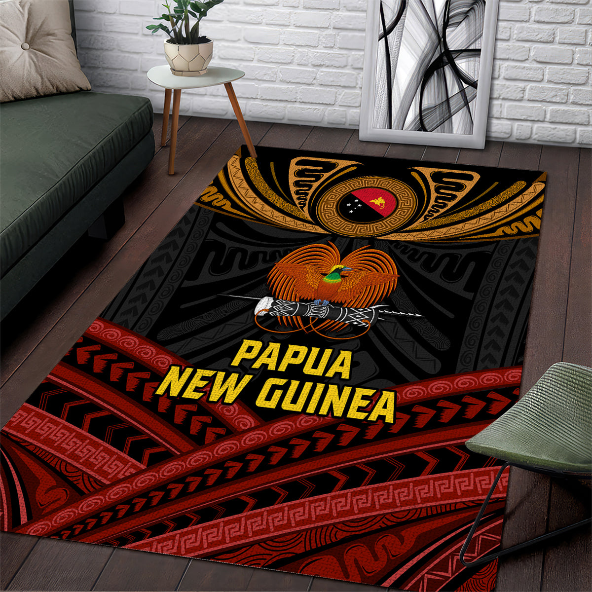 Papua New Guinea Bird-of-Paradise Area Rug Coat of Arms and Tribal Patterns