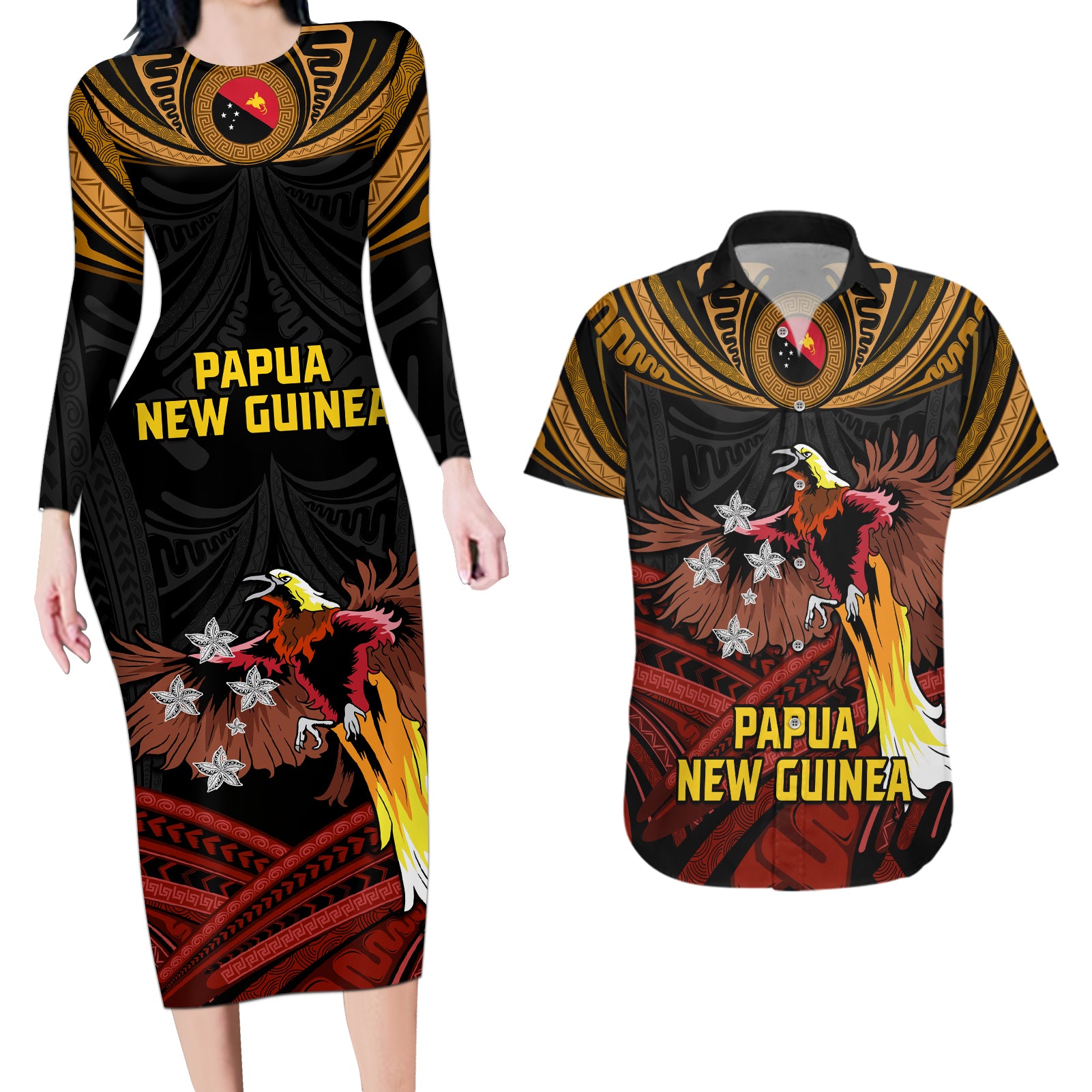 Papua New Guinea Bird-of-Paradise Couples Matching Long Sleeve Bodycon Dress and Hawaiian Shirt Coat of Arms and Tribal Patterns LT03 Black - Polynesian Pride