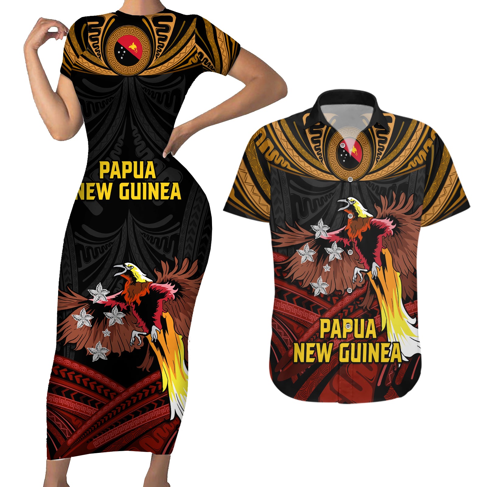 Papua New Guinea Bird-of-Paradise Couples Matching Short Sleeve Bodycon Dress and Hawaiian Shirt Coat of Arms and Tribal Patterns LT03 Black - Polynesian Pride