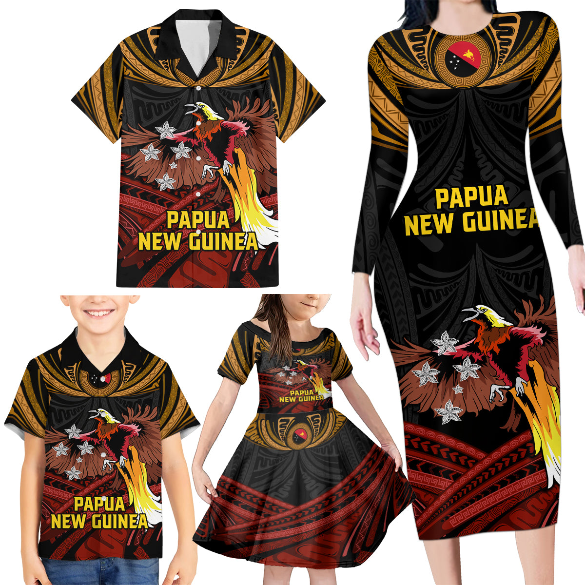 Papua New Guinea Bird-of-Paradise Family Matching Long Sleeve Bodycon Dress and Hawaiian Shirt Coat of Arms and Tribal Patterns LT03 - Polynesian Pride