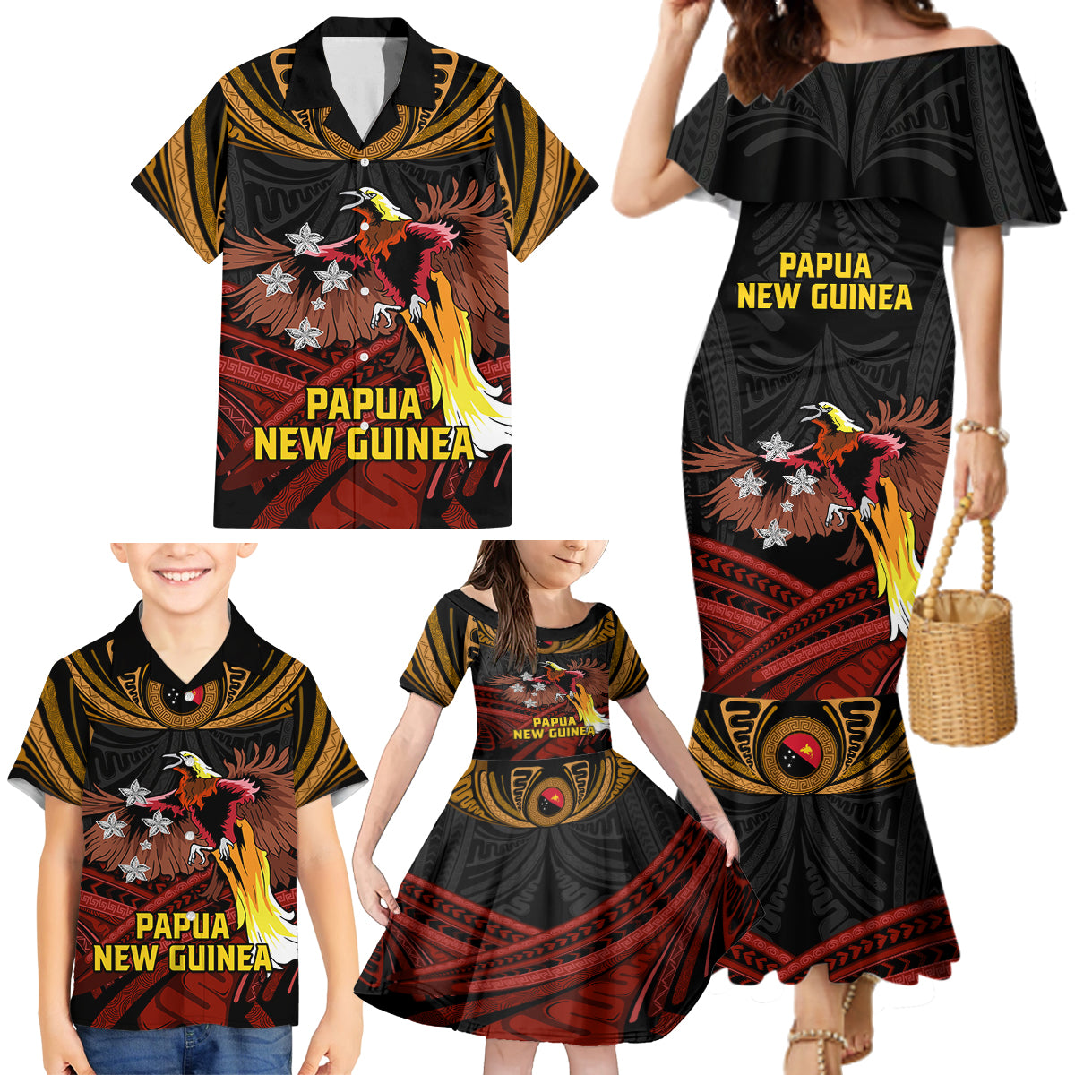 Papua New Guinea Bird-of-Paradise Family Matching Mermaid Dress and Hawaiian Shirt Coat of Arms and Tribal Patterns LT03 - Polynesian Pride