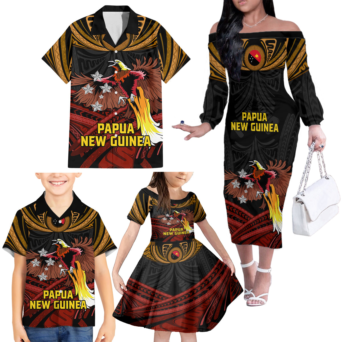 Papua New Guinea Bird-of-Paradise Family Matching Off The Shoulder Long Sleeve Dress and Hawaiian Shirt Coat of Arms and Tribal Patterns LT03 - Polynesian Pride