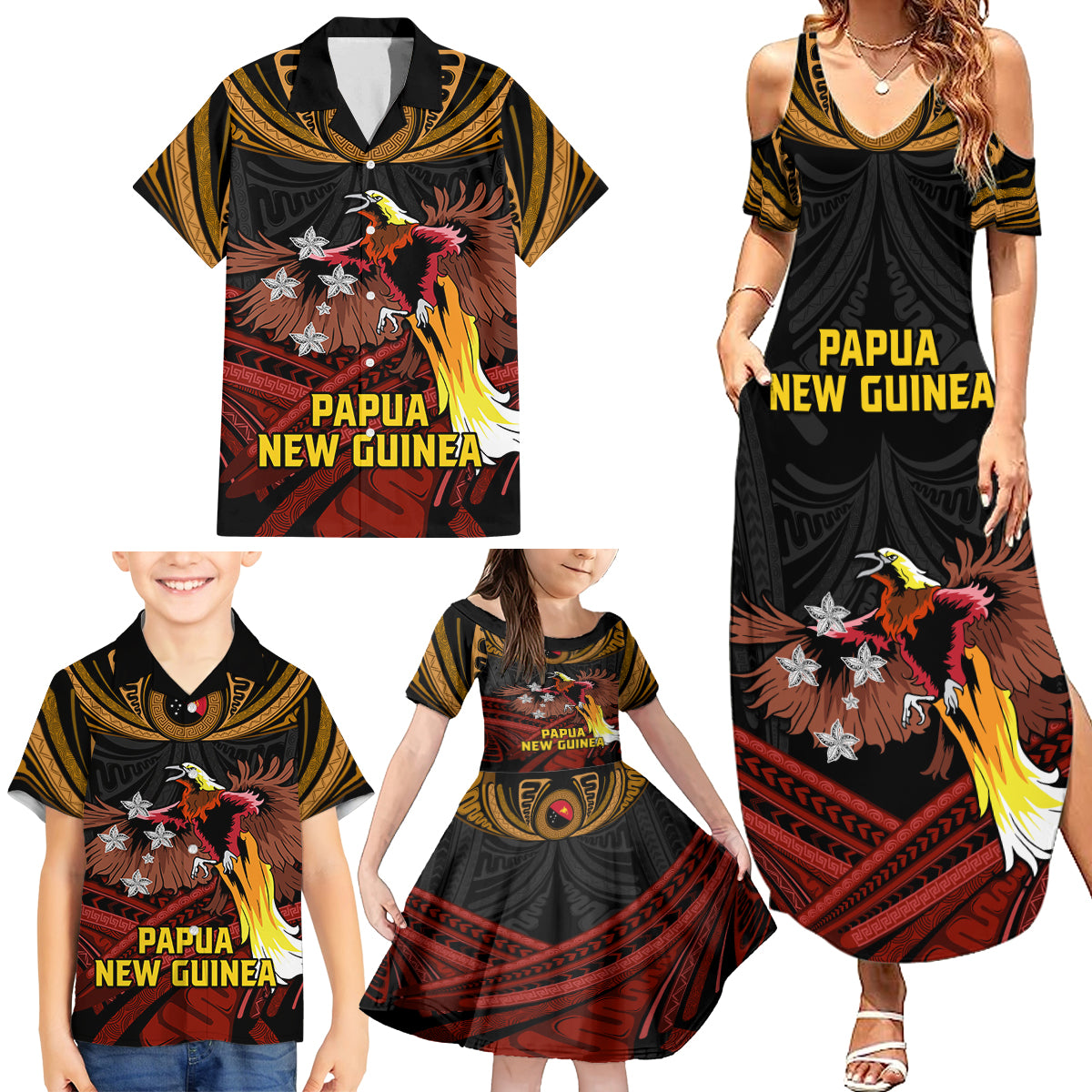 Papua New Guinea Bird-of-Paradise Family Matching Summer Maxi Dress and Hawaiian Shirt Coat of Arms and Tribal Patterns LT03 - Polynesian Pride