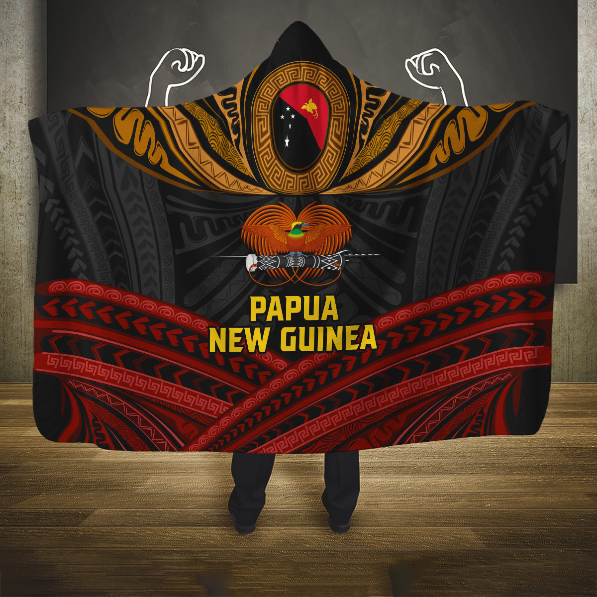 Papua New Guinea Bird-of-Paradise Hooded Blanket Coat of Arms and Tribal Patterns LT03 One Size Black - Polynesian Pride