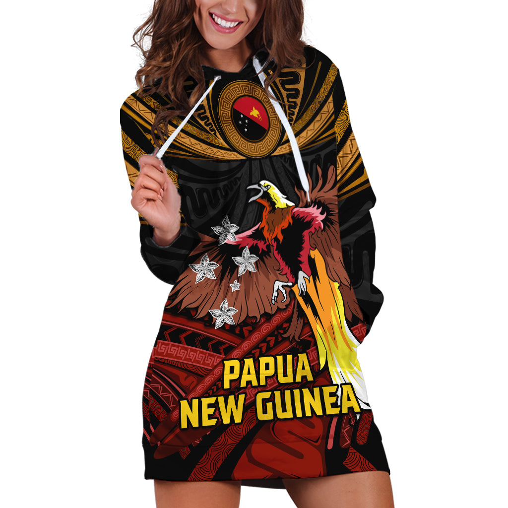 Papua New Guinea Bird-of-Paradise Hoodie Dress Coat of Arms and Tribal Patterns LT03 Black - Polynesian Pride