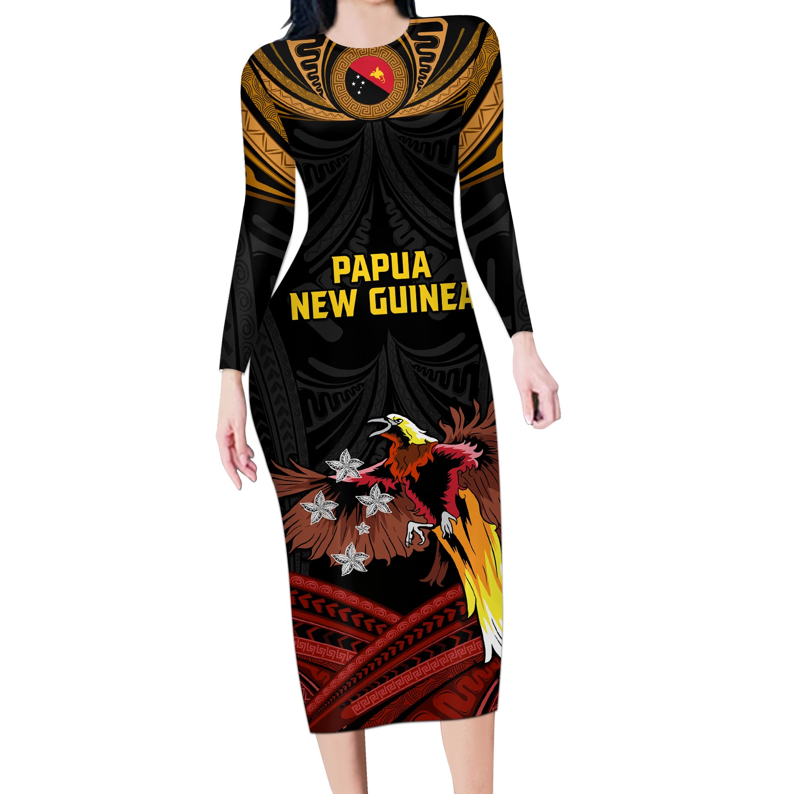 Papua New Guinea Bird-of-Paradise Long Sleeve Bodycon Dress Coat of Arms and Tribal Patterns LT03 Long Dress Black - Polynesian Pride