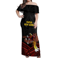 Papua New Guinea Bird-of-Paradise Off Shoulder Maxi Dress Coat of Arms and Tribal Patterns LT03 Women Black - Polynesian Pride