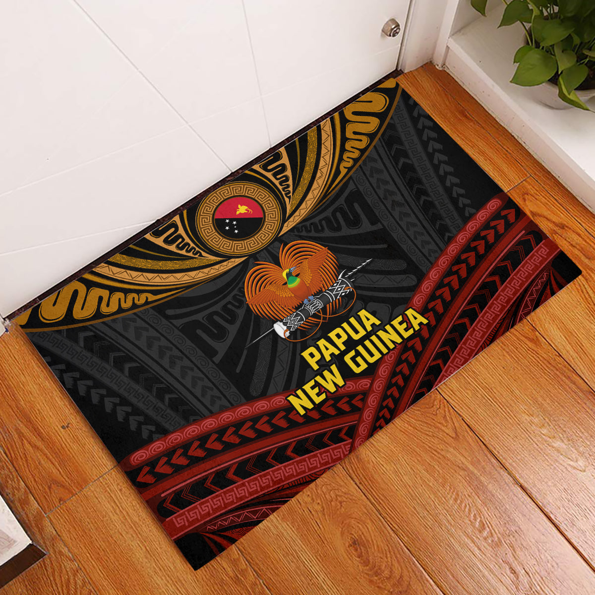 Papua New Guinea Bird-of-Paradise Rubber Doormat Coat of Arms and Tribal Patterns LT03 Black - Polynesian Pride