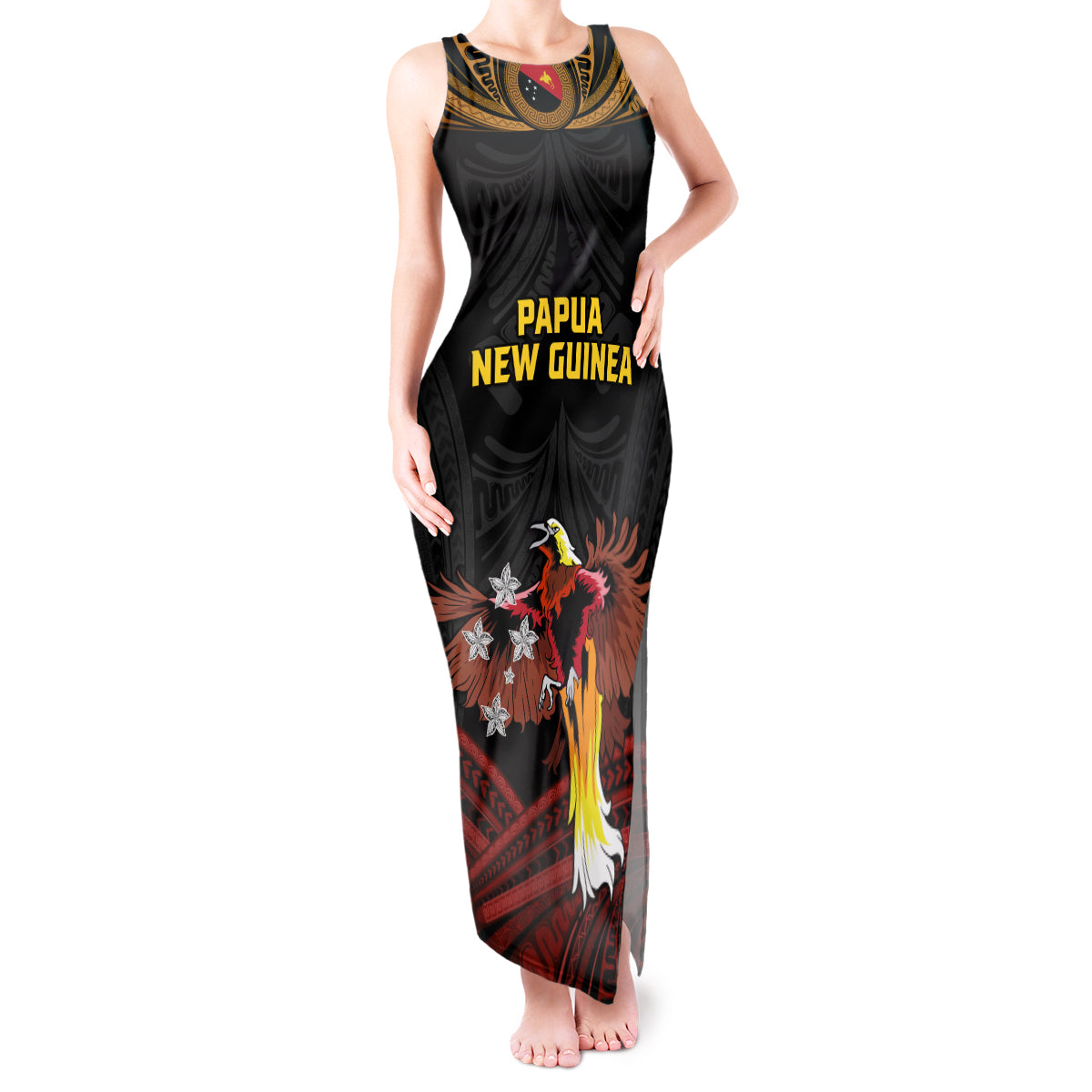 Papua New Guinea Bird-of-Paradise Tank Maxi Dress Coat of Arms and Tribal Patterns LT03 Women Black - Polynesian Pride