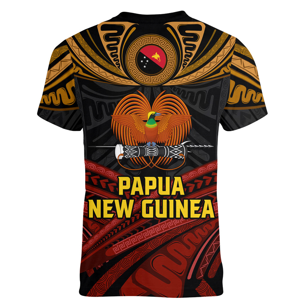 Papua New Guinea Bird-of-Paradise Women V Neck T Shirt Coat of Arms and Tribal Patterns LT03 - Polynesian Pride
