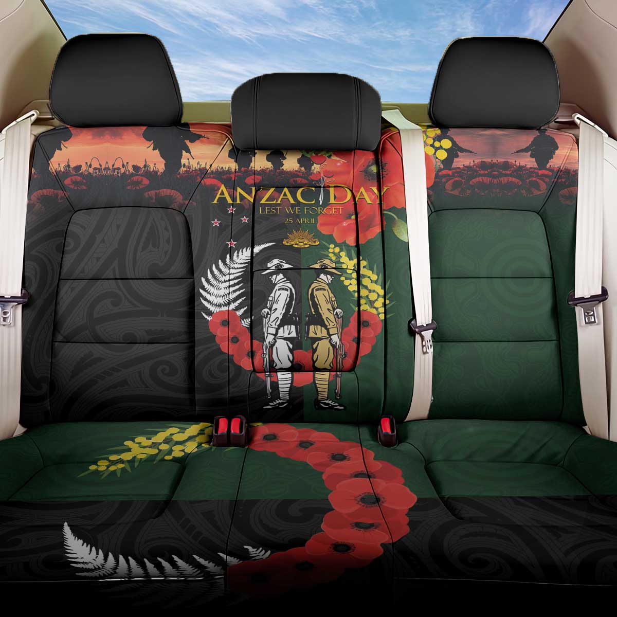 New Zealand and Australia ANZAC Day Back Car Seat Cover Lest We Forget Indigenous and Maori Pattern