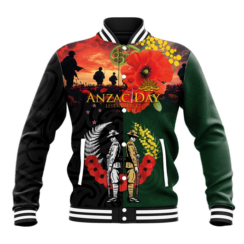 New Zealand and Australia ANZAC Day Baseball Jacket Lest We Forget Indigenous and Maori Pattern LT03 Unisex Multicolor - Polynesian Pride