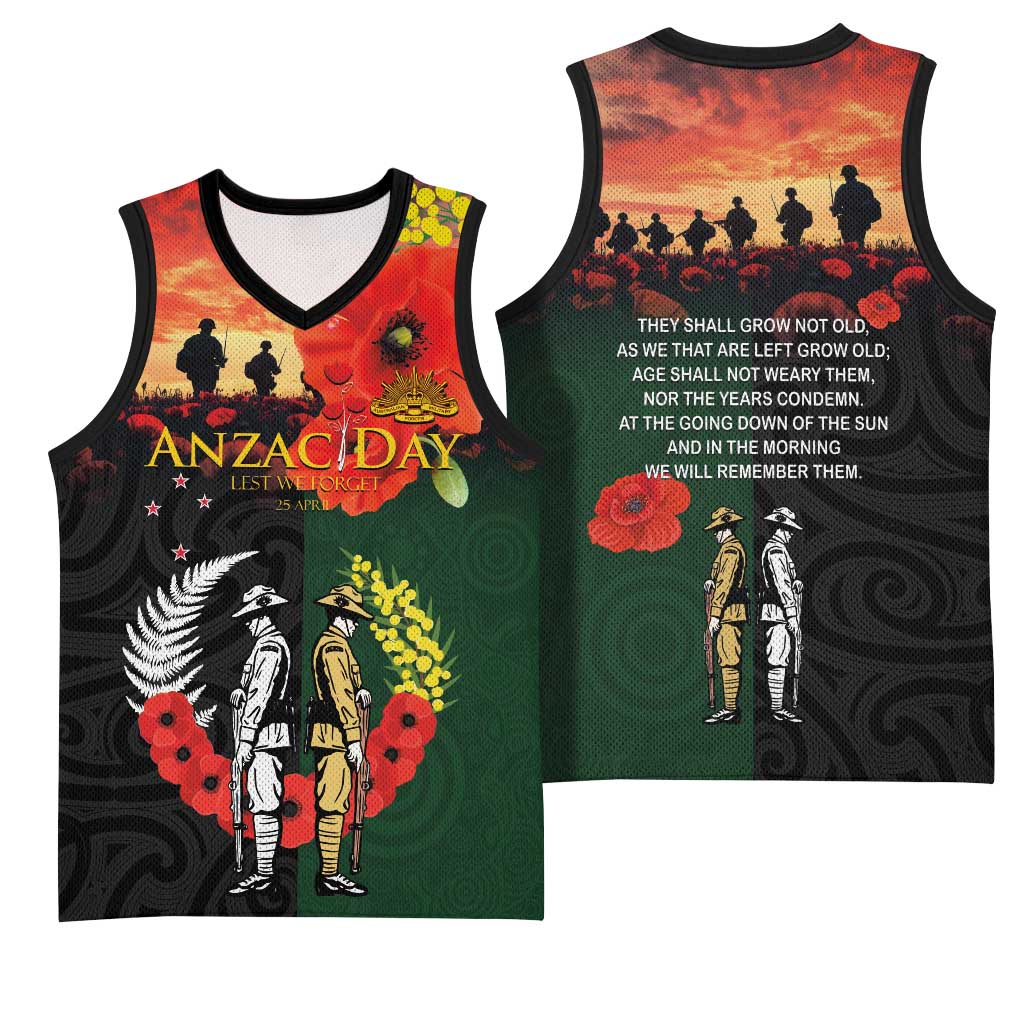 New Zealand and Australia ANZAC Day Basketball Jersey Lest We Forget Indigenous and Maori Pattern LT03 - Polynesian Pride