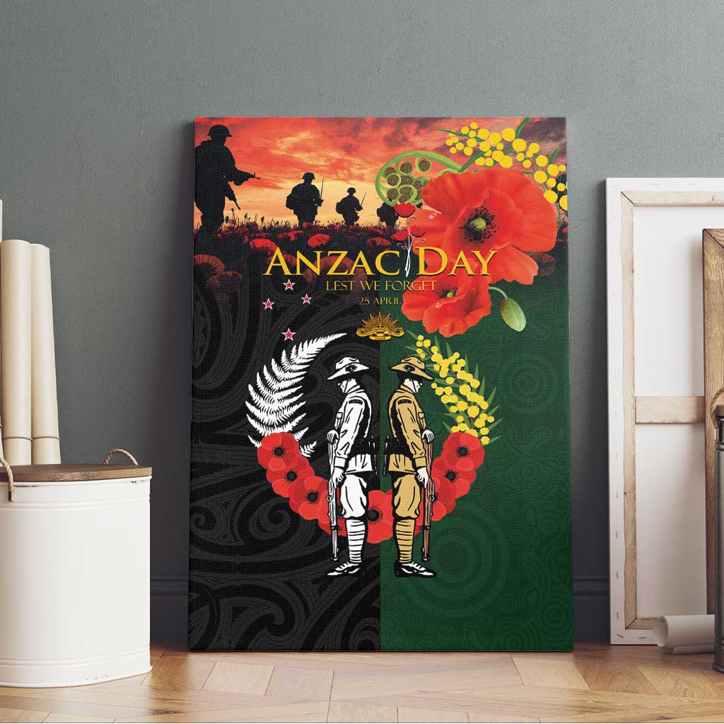 New Zealand and Australia ANZAC Day Canvas Wall Art Lest We Forget Indigenous and Maori Pattern