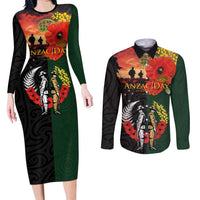 New Zealand and Australia ANZAC Day Couples Matching Long Sleeve Bodycon Dress and Long Sleeve Button Shirt Lest We Forget Indigenous and Maori Pattern