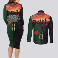 New Zealand and Australia ANZAC Day Couples Matching Long Sleeve Bodycon Dress and Long Sleeve Button Shirt Lest We Forget Indigenous and Maori Pattern