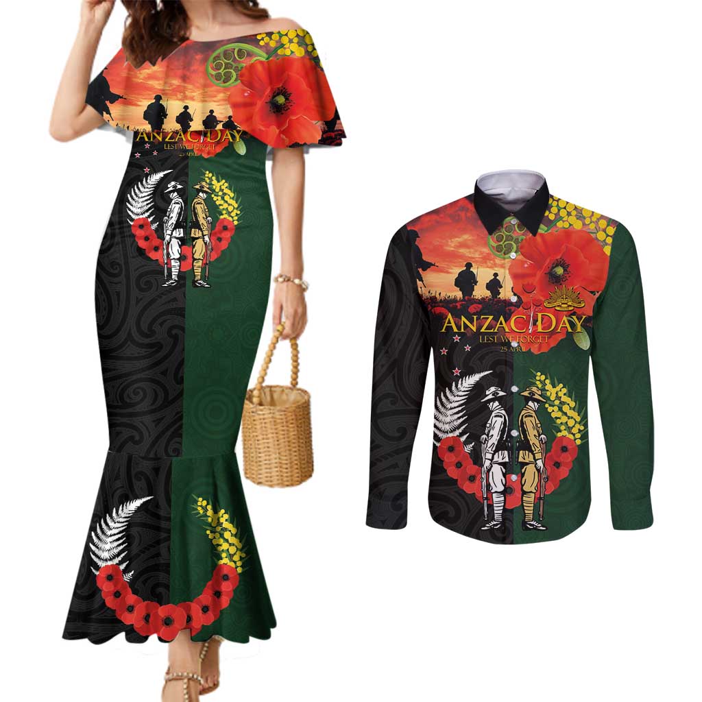 New Zealand and Australia ANZAC Day Couples Matching Mermaid Dress and Long Sleeve Button Shirt Lest We Forget Indigenous and Maori Pattern
