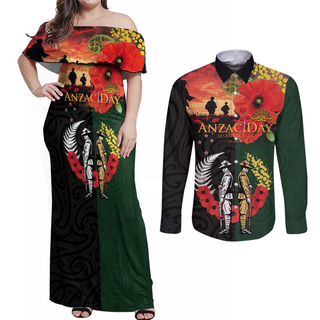 New Zealand and Australia ANZAC Day Couples Matching Off Shoulder Maxi Dress and Long Sleeve Button Shirt Lest We Forget Indigenous and Maori Pattern