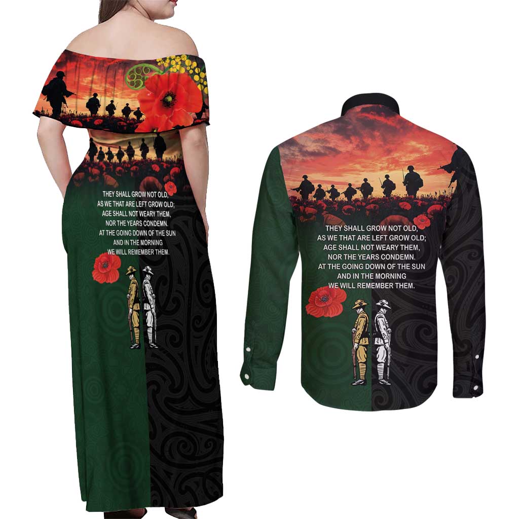 New Zealand and Australia ANZAC Day Couples Matching Off Shoulder Maxi Dress and Long Sleeve Button Shirt Lest We Forget Indigenous and Maori Pattern