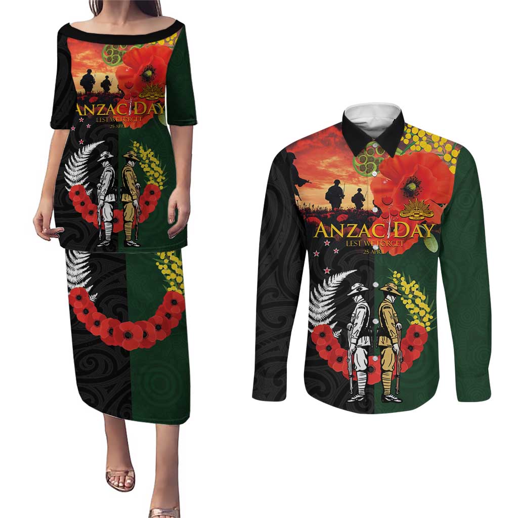 New Zealand and Australia ANZAC Day Couples Matching Puletasi and Long Sleeve Button Shirt Lest We Forget Indigenous and Maori Pattern LT03 Multicolor - Polynesian Pride