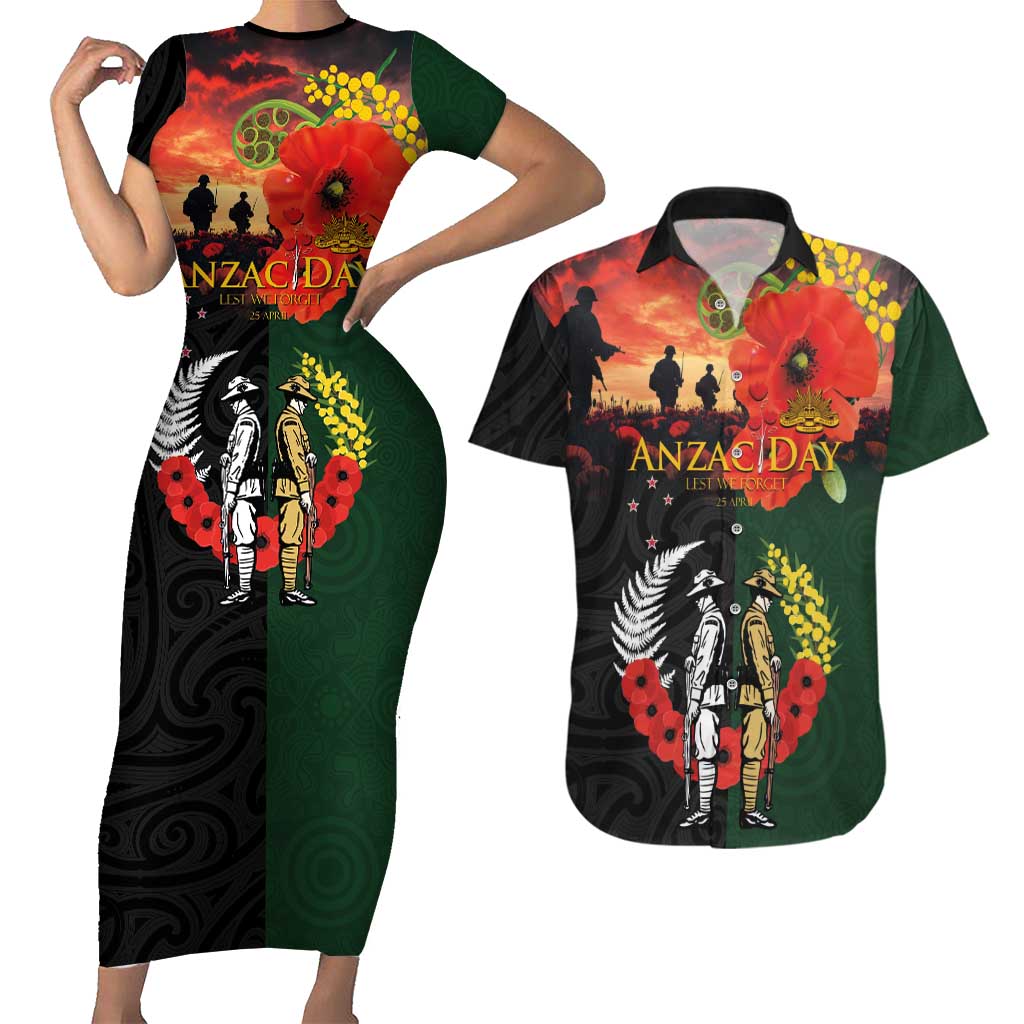 New Zealand and Australia ANZAC Day Couples Matching Short Sleeve Bodycon Dress and Hawaiian Shirt Lest We Forget Indigenous and Maori Pattern LT03 Multicolor - Polynesian Pride