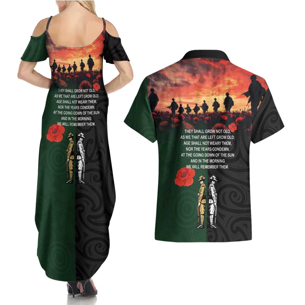 New Zealand and Australia ANZAC Day Couples Matching Summer Maxi Dress and Hawaiian Shirt Lest We Forget Indigenous and Maori Pattern