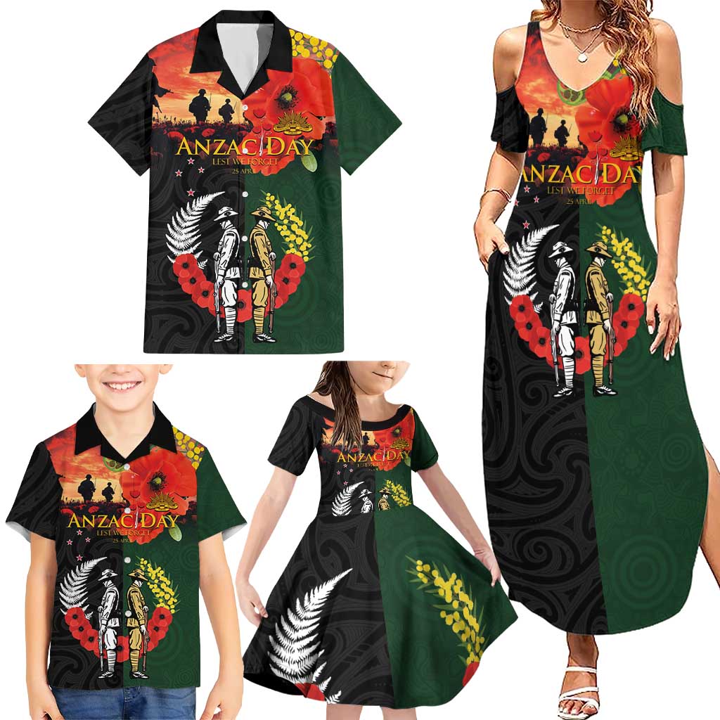 New Zealand and Australia ANZAC Day Family Matching Summer Maxi Dress and Hawaiian Shirt Lest We Forget Indigenous and Maori Pattern