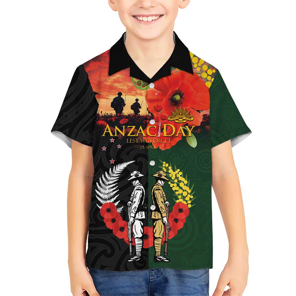 New Zealand and Australia ANZAC Day Kid Hawaiian Shirt Lest We Forget Indigenous and Maori Pattern