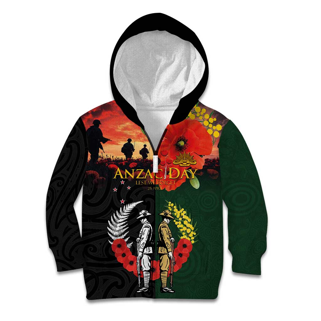 New Zealand and Australia ANZAC Day Kid Hoodie Lest We Forget Indigenous and Maori Pattern LT03 Zip Hoodie Multicolor - Polynesian Pride