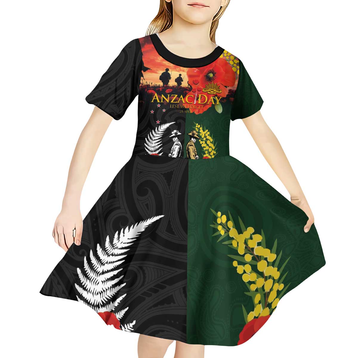 New Zealand and Australia ANZAC Day Kid Short Sleeve Dress Lest We Forget Indigenous and Maori Pattern LT03 - Polynesian Pride