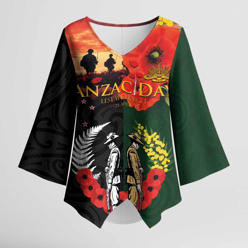 New Zealand and Australia ANZAC Day Kimono Sleeve Blouse Lest We Forget Indigenous and Maori Pattern LT03 Female Multicolor - Polynesian Pride