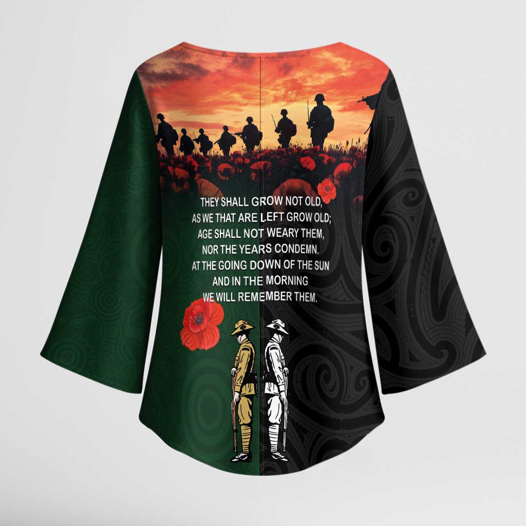 New Zealand and Australia ANZAC Day Kimono Sleeve Blouse Lest We Forget Indigenous and Maori Pattern LT03 - Polynesian Pride