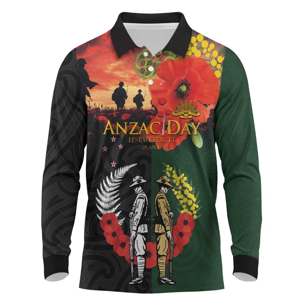 New Zealand and Australia ANZAC Day Long Sleeve Polo Shirt Lest We Forget Indigenous and Maori Pattern LT03 Multicolor - Polynesian Pride
