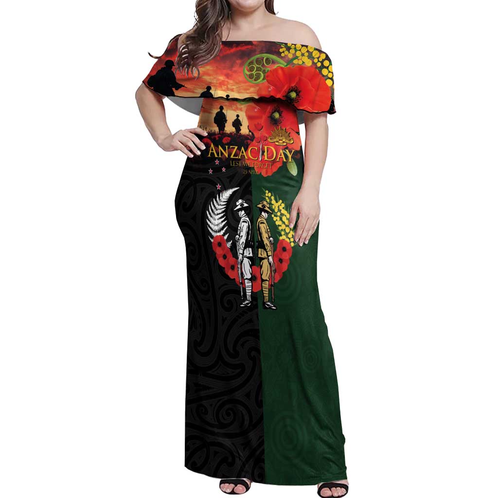 New Zealand and Australia ANZAC Day Off Shoulder Maxi Dress Lest We Forget Indigenous and Maori Pattern LT03 Women Multicolor - Polynesian Pride