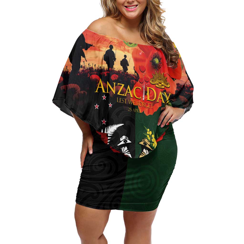 New Zealand and Australia ANZAC Day Off Shoulder Short Dress Lest We Forget Indigenous and Maori Pattern