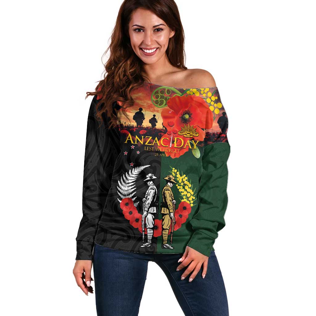 New Zealand and Australia ANZAC Day Off Shoulder Sweater Lest We Forget Indigenous and Maori Pattern