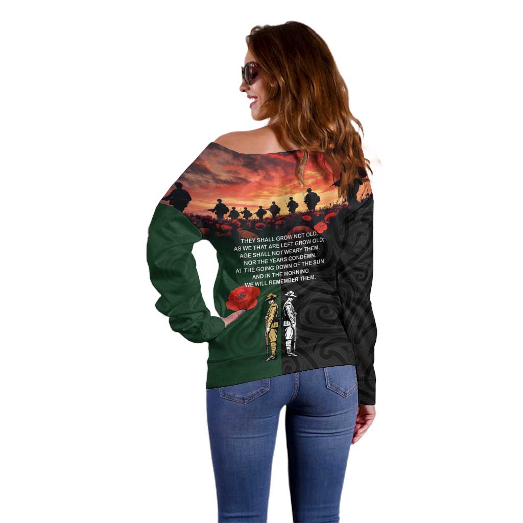 New Zealand and Australia ANZAC Day Off Shoulder Sweater Lest We Forget Indigenous and Maori Pattern
