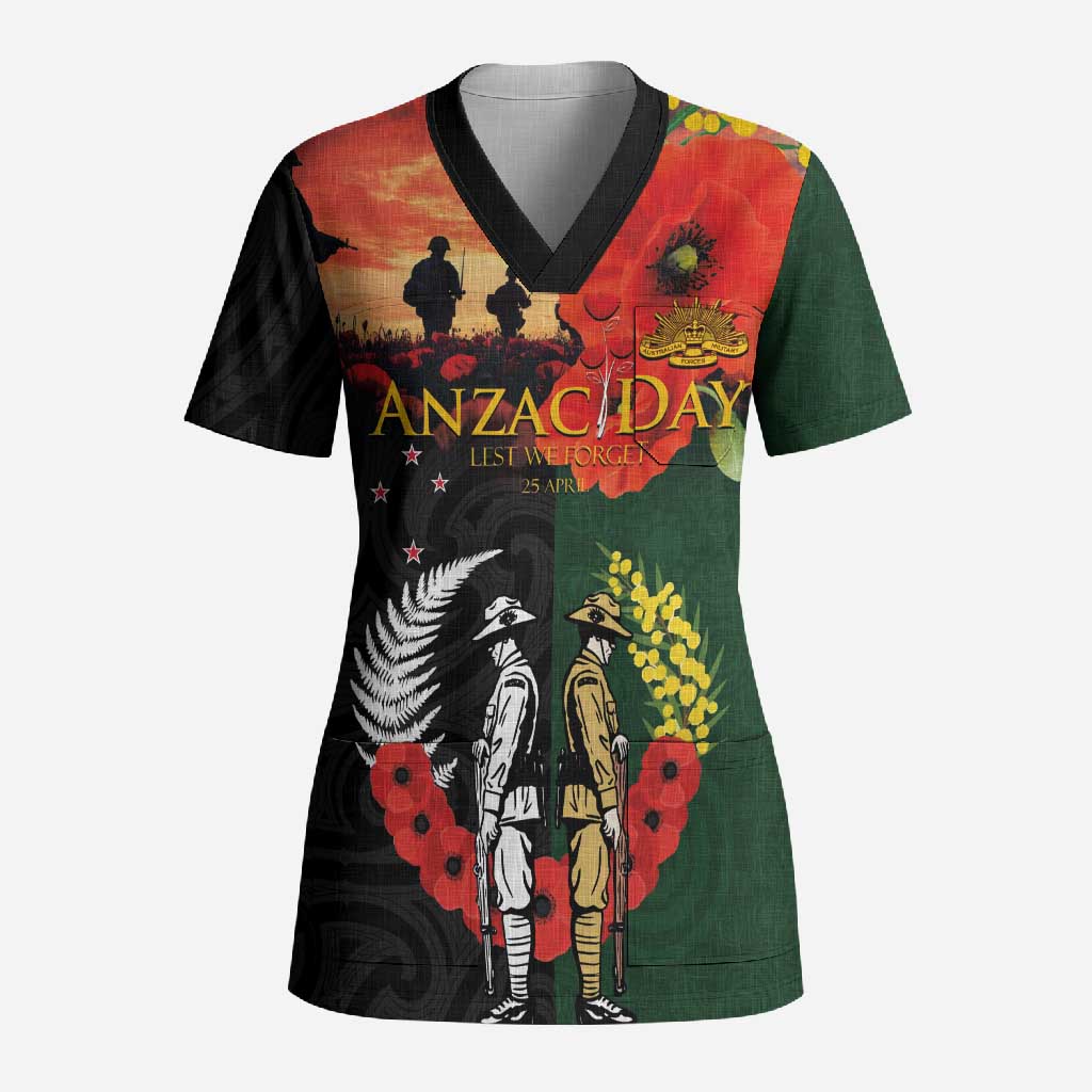 New Zealand and Australia ANZAC Day Scrub Top Lest We Forget Indigenous and Maori Pattern LT03 Adult Multicolor - Polynesian Pride