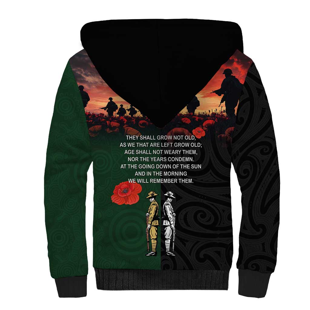 New Zealand and Australia ANZAC Day Sherpa Hoodie Lest We Forget Indigenous and Maori Pattern