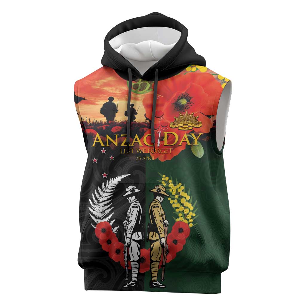 New Zealand and Australia ANZAC Day Sleeveless Hoodie Lest We Forget Indigenous and Maori Pattern LT03 Multicolor - Polynesian Pride