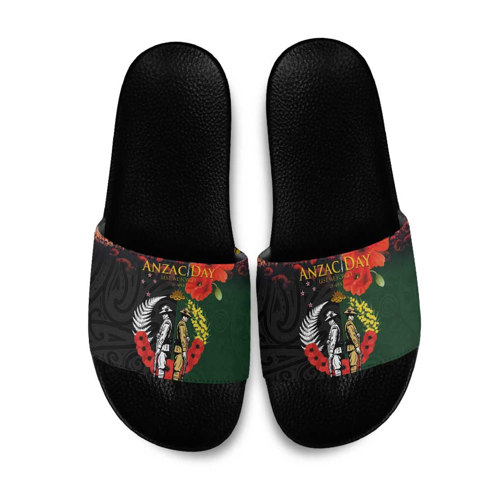 New Zealand and Australia ANZAC Day Slide Sandals Lest We Forget Indigenous and Maori Pattern