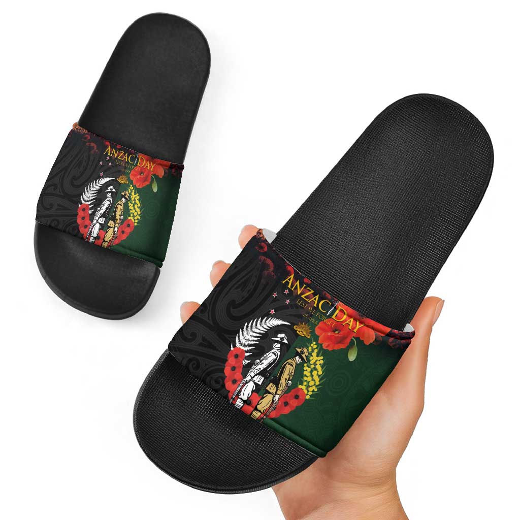 New Zealand and Australia ANZAC Day Slide Sandals Lest We Forget Indigenous and Maori Pattern