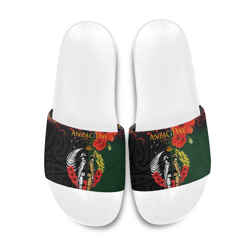 New Zealand and Australia ANZAC Day Slide Sandals Lest We Forget Indigenous and Maori Pattern
