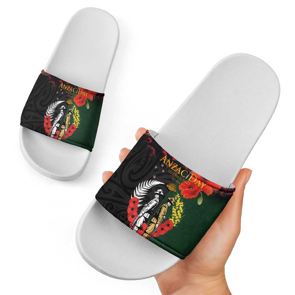 New Zealand and Australia ANZAC Day Slide Sandals Lest We Forget Indigenous and Maori Pattern