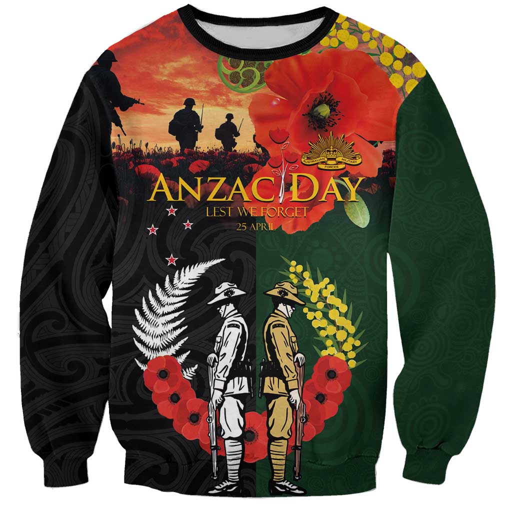 New Zealand and Australia ANZAC Day Sweatshirt Lest We Forget Indigenous and Maori Pattern