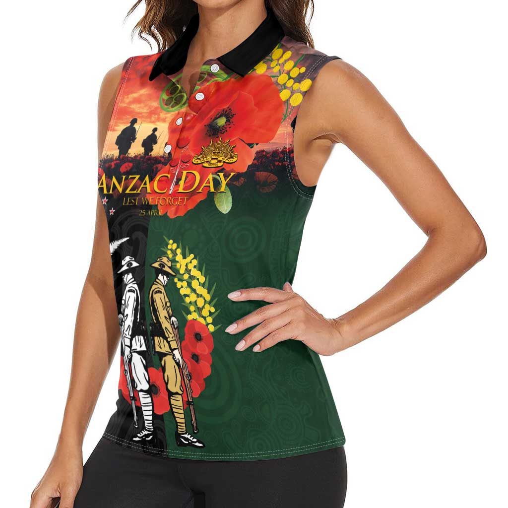 New Zealand and Australia ANZAC Day Women Sleeveless Polo Shirt Lest We Forget Indigenous and Maori Pattern