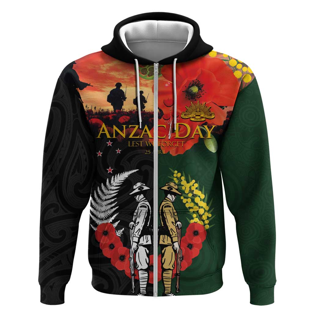 New Zealand and Australia ANZAC Day Zip Hoodie Lest We Forget Indigenous and Maori Pattern LT03 Zip Hoodie Multicolor - Polynesian Pride