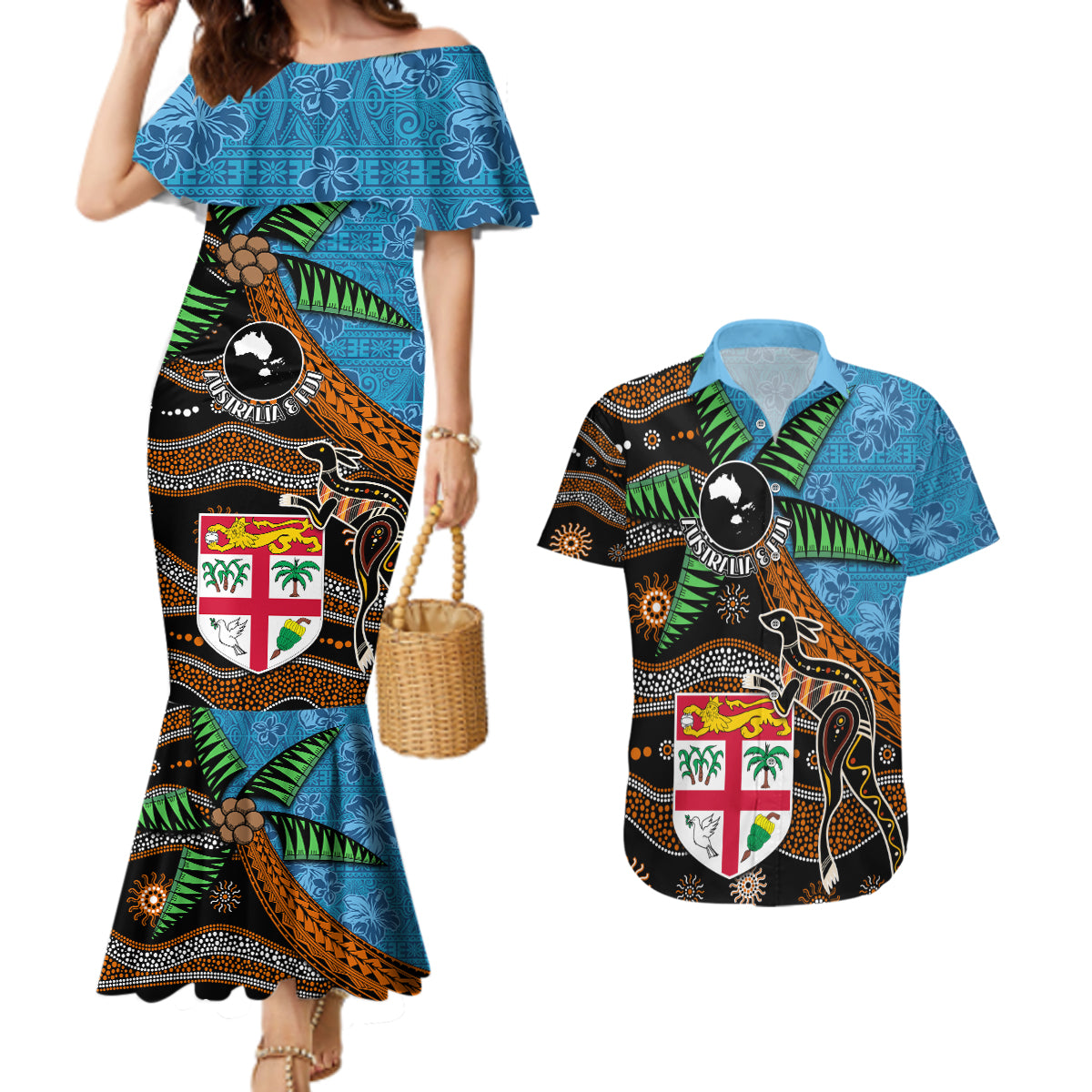 Fiji and Australia Couples Matching Mermaid Dress and Hawaiian Shirt Fijian and Aboriginal mix Culture