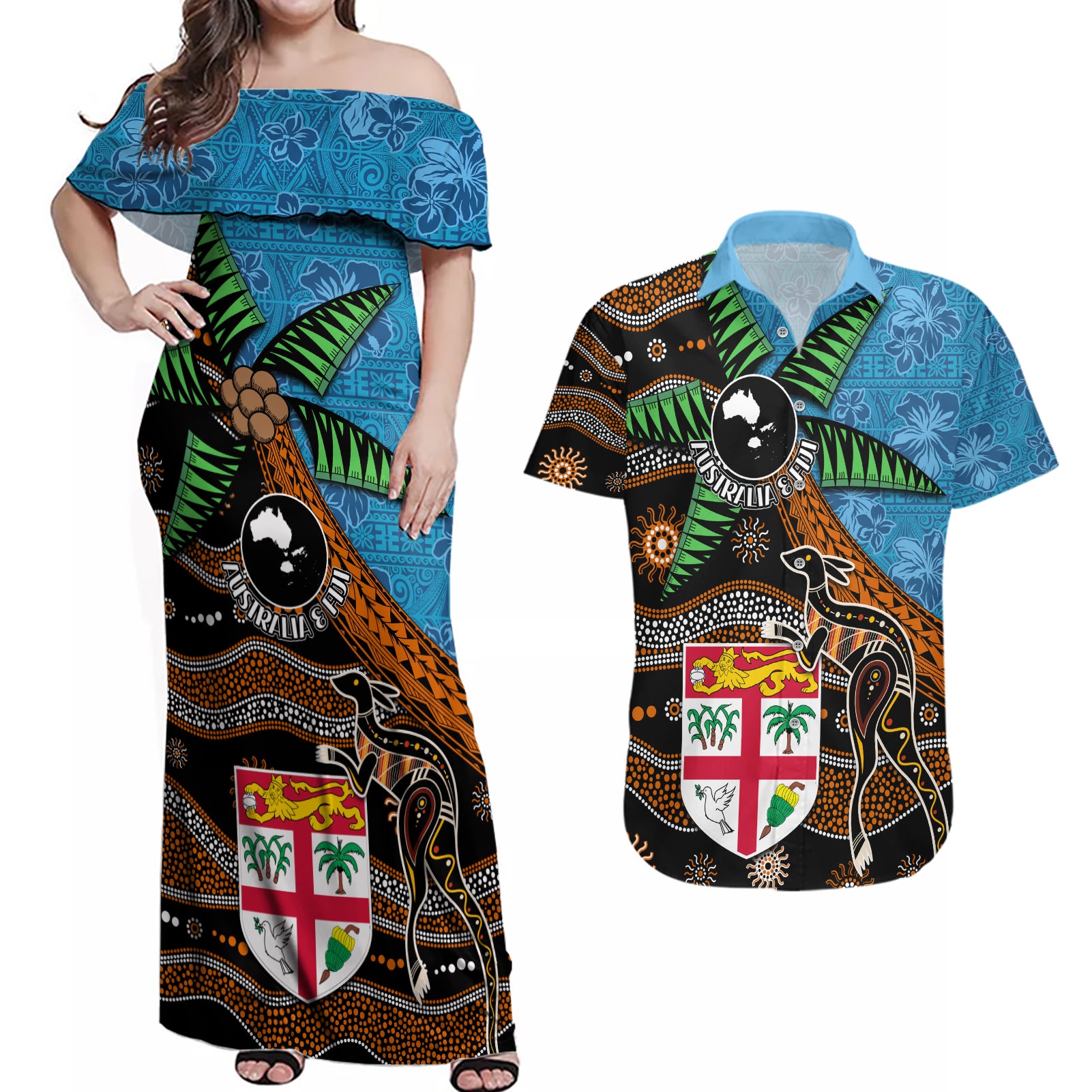 Fiji and Australia Couples Matching Off Shoulder Maxi Dress and Hawaiian Shirt Fijian and Aboriginal mix Culture